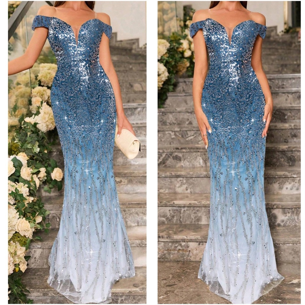Ombre Sequin Off Shoulder Bodycon Party Formal Prom Wedding Dress - Picture 8 of 9